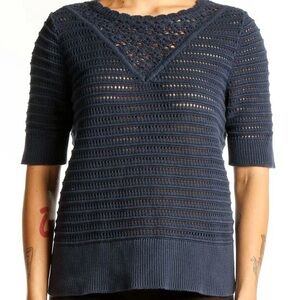 NWT Lucky Brand Navy Crochet Knit Short Sleeve Sweater 100% Cotton Size XL